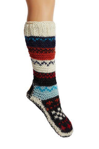 Hand Knit Wool Long Fleece Lined Slipper Socks with non slip soles