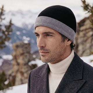 Black Grey Yak Wool Rervsible Beanie hat for Men
