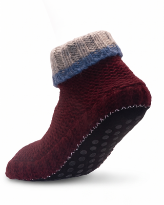 Hand Knit Wool Fleece Lined Mid Bootie Slipper Non Slip Soles