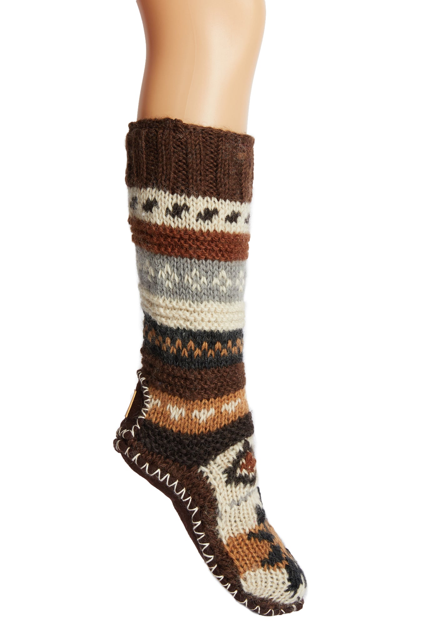 Hand Knit Wool Long Fleece Lined Slipper Socks with non slip soles