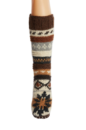 Hand Knit Wool Long Fleece Lined Slipper Socks with non slip soles